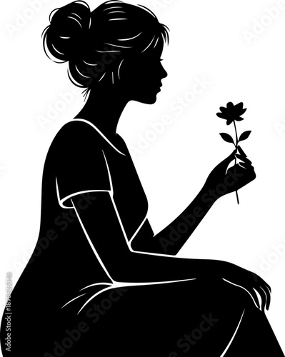Black silhouette of a woman sitting with her knees up, holding a flower, with decorative floral elements