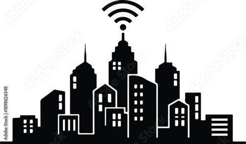 Black cityscape silhouette with wi-fi signal isolated on transparent background cityscape icon
