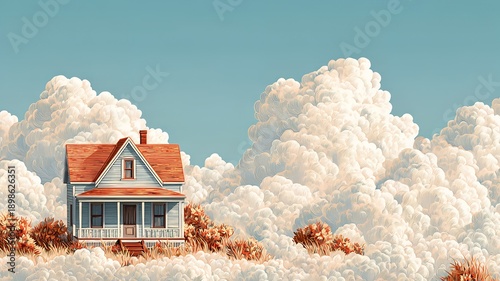 Charming Cottage House Under Dramatic Cloudy Sky, Dreamy Landscape Illustration.