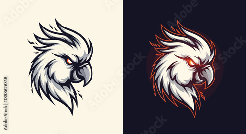 Stylized fierce parrot or cockatoo head mascot logo design with glowing red eyes, presented in two color variations for gaming or esports branding.