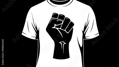 Black raised fist graphic design emblazoned on a white t-shirt, symbolizing protest and solidarity