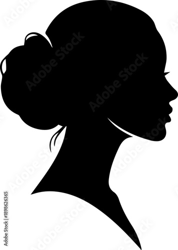 Elegant dark blue silhouette of a woman's head and shoulders with an intricate updo hairstyle