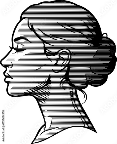 Elegant Profile of a Woman with Hair in a Bun, Rendered in Fine Line Art Style