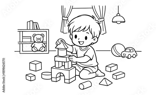 Cute cartoon boy happily building a tower with colorful blocks in his room