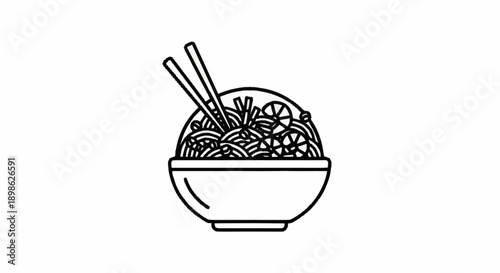 Bowl of noodles with chopsticks line art illustration.