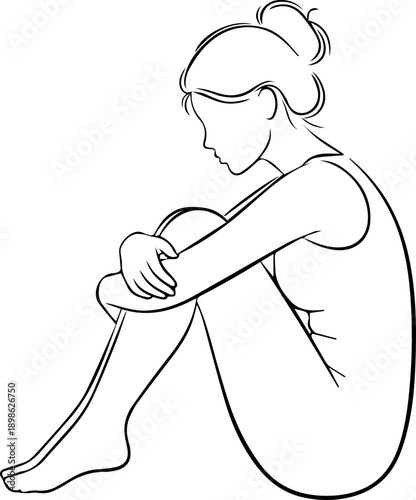 Minimalist line art illustration of a woman sitting curled up, conveying introspection, sadness, or contemplation
