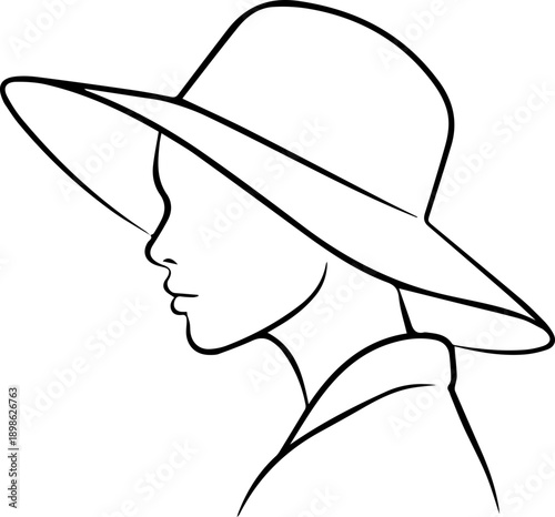 Minimalist line drawing of a woman's profile wearing a large, elegant hat, conveying mystery and sophistication