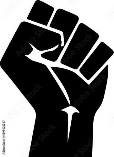 Bold black silhouette of a raised fist, symbolizing protest, power, resistance, and social justice movements
