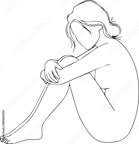 Minimalist Line Drawing of a Woman Curled Up, Sitting in a Reflective Pose on Light Background