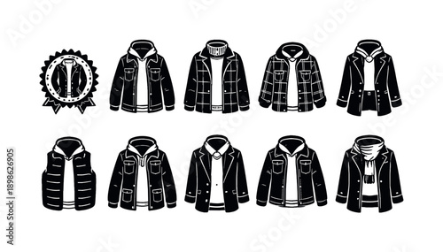 Winter clothing silhouette icon set. Jackets, coats, hoodies silhouette collection