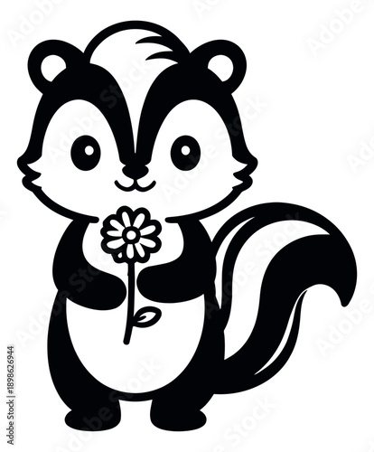 Cute line art illustration of a skunk depicting holding a daisy flower for children's designs and nature themes