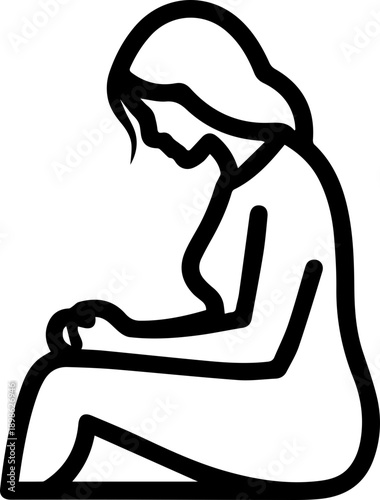 Simple outline illustration of a woman sitting with her head bowed, conveying introspection, sadness, or deep thought.