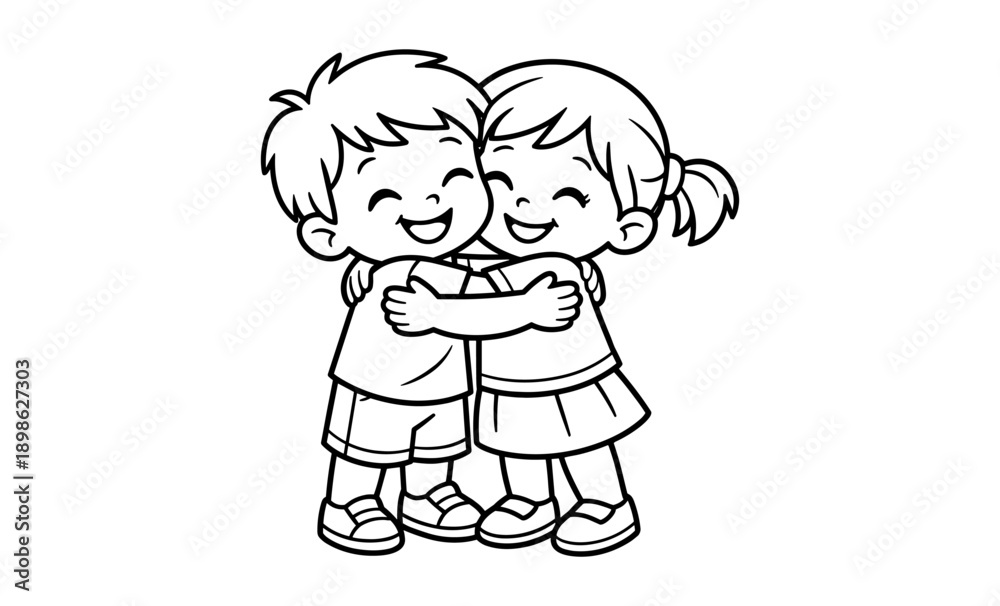 Fototapeta premium Cute cartoon children hugging each other with happy smiles, black and white illustration