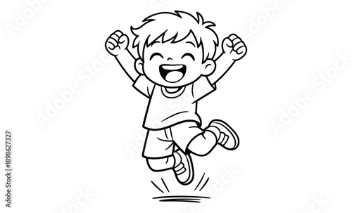 Joyful cartoon boy jumping with excitement and arms raised in celebration