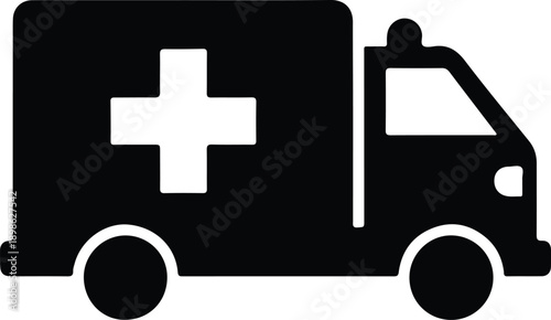 Black ambulance icon with white cross, isolated on transparent background, medical vehicle symbol, simple illustration