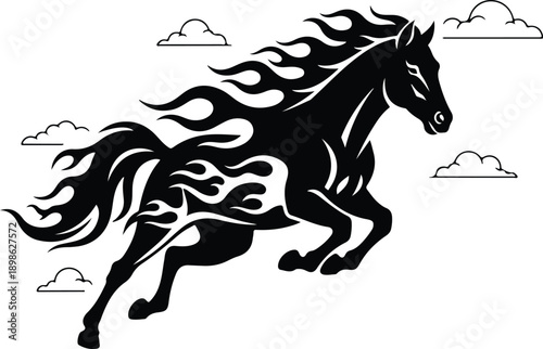 A dynamic black silhouette of a horse with flames emanating from its body galloping beneath clouds high-quality professional detailed modern