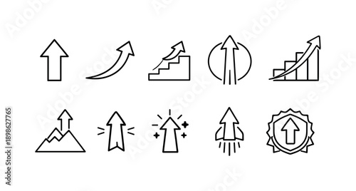 Growth and achievement outline icon set. Progress, success symbols in linear style.