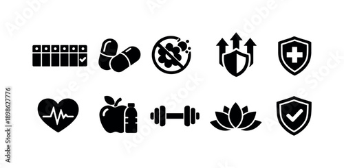 Health and wellness solid icon set. Fitness, nutrition, and safety icons collection