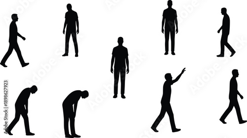Set of black male silhouettes in various poses including walking, standing, waving, and leaning, perfect for architectural rendering, cad drawing flat vector illustration, and diagrams.