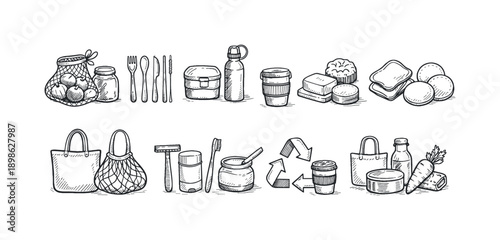 Eco-friendly lifestyle linear icon set. Sustainable, reusable product icons collection