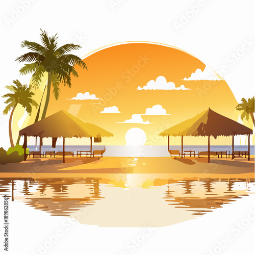 A serene tropical Maldives resort featuring luxury hotel bungalows nestled over a turquoise sea lagoon with palm trees and white sand under a sunset sky at paradise island