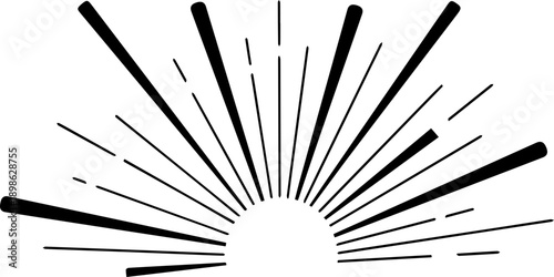 Abstract black and white geometric design resembling a sunrise or explosion with radiating lines.