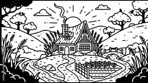 Charming black and white line drawing of a picturesque rural landscape with a cottage, garden, and rolling hills.