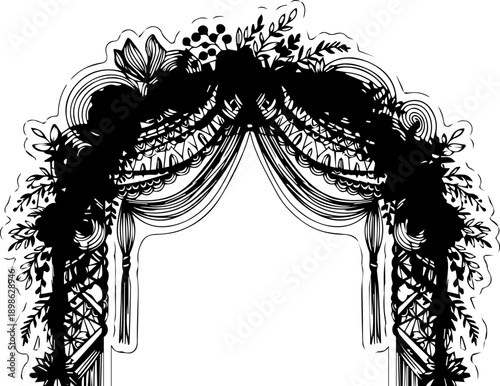 Ornate black silhouette floral archway with intricate patterns and dangling elements, perfect for wedding or event decoration.