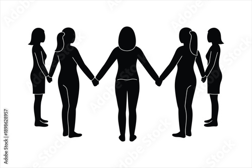 Silhouette of five women holding hands in a circle representing unity