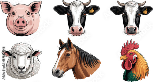 Hand drawn vector collection of farm animal heads including pig, cow, sheep, horse, and rooster isolated on white background for design.