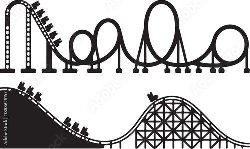 Roller coaster illustrations with riders on tracks