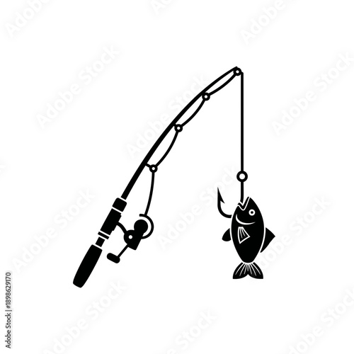 Fishing Rod Silhouette Vector Icon Isolated Hooked Fish Hobby Symbol on White Background for Outdoor Design