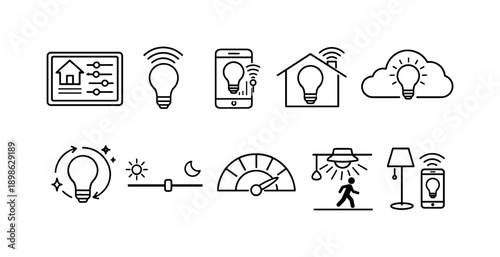 Smart home automation line icon set. Lighting, control, and technology icons outline