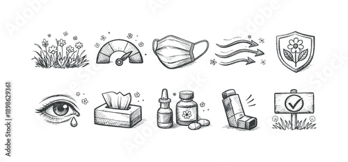 Allergy icons doodle style collection. Natural, medical line art set for health awareness