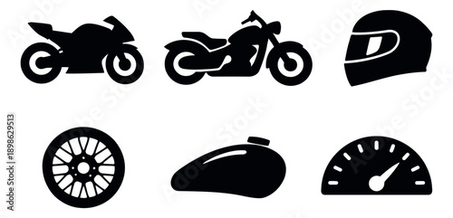 Clean icon motorcycle set featuring a sportbike, cruiser, helmet, wheel, fuel tank, and speedometer for transportation and racing themes