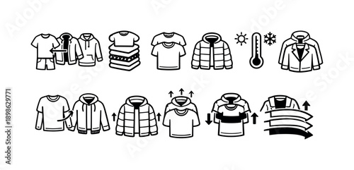 Clothing and weather linear icon set. Fashion, apparel, temperature concepts