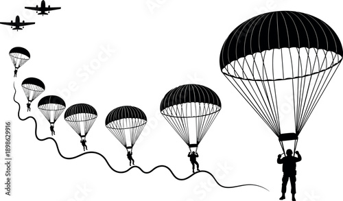 Black and white paratrooper descent from airplanes with parachutes in silhouette military style – flavector