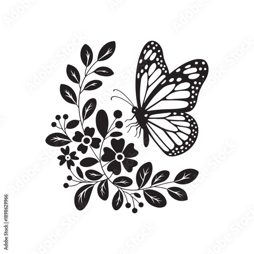 Butterfly vector illustration with flowers on white background