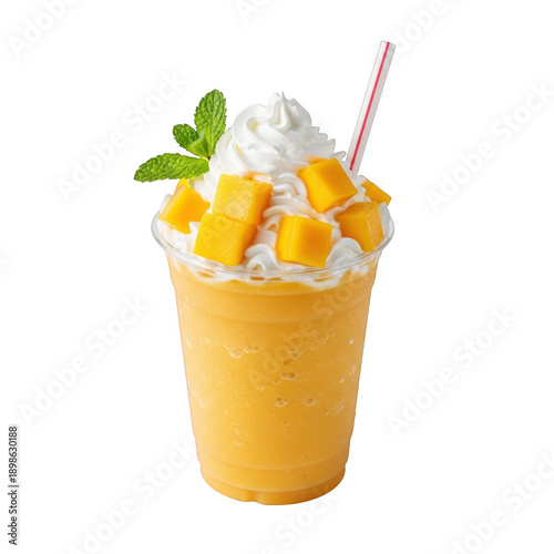Refreshing mango smoothie with whipped cream and fresh mint isolated on transparent background