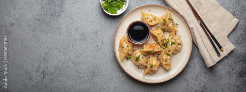 Gyoza dumplings soy sauce chopsticks asian Japanese food wontons