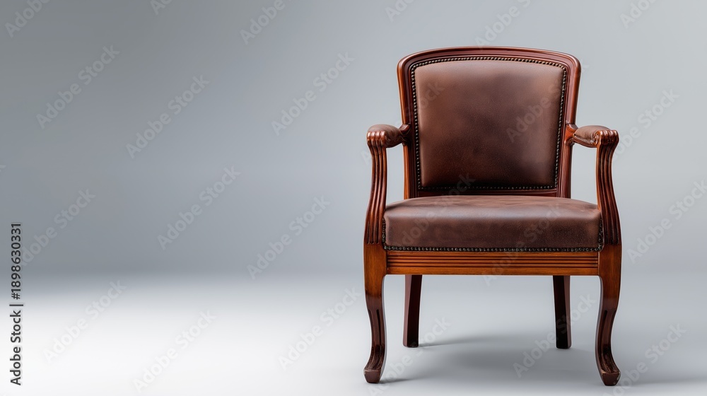 Fototapeta premium Classic wooden armchair with brown leather upholstery on gray background 
