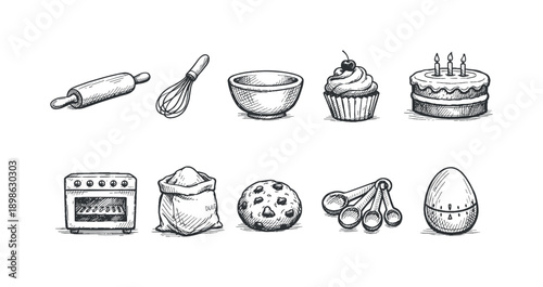 Kitchen and baking tool icon set. Whisk, bowl, cake icons outline collection