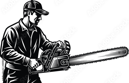 Black and white vector illustration of a professional lumberjack or woodcutter wearing a cap and holding a large chainsaw isolated on white background