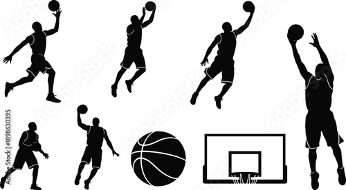 Black basketball player silhouettes set featuring athletes jumping dunking and shooting with ball and hoop backboard icons isolated on a clean white background