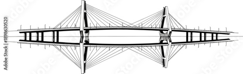 Cable-stayed bridge top view illustration, black and white sketch, architectural engineering drawing, symmetrical design, dual roadway structure, modern bridge concept art