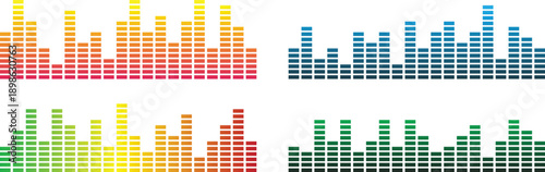 Colorful audio equalizer bars set with digital sound wave levels, modern music spectrum visualization ideal for media apps, DJ themes, streaming graphics, and technology design projects.