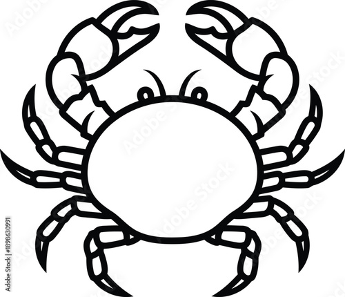 Black and white outline illustration of a crab facing forward crustacean seafood