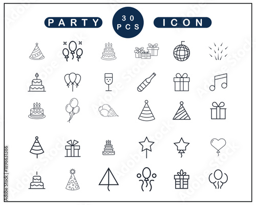 Holiday or Birthday party icon set, Party icon set celebration icon linear style, Celebration icons for Celebrate, anniversary, dancing, music, congrats, celebration, karaoke, Dj Vector illustration.
