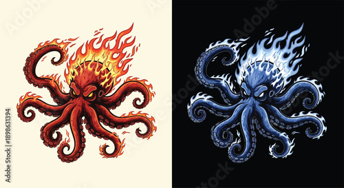 Two fierce flaming octopuses, one red with fire and one blue with ice, against contrasting backgrounds, showcasing elemental power.