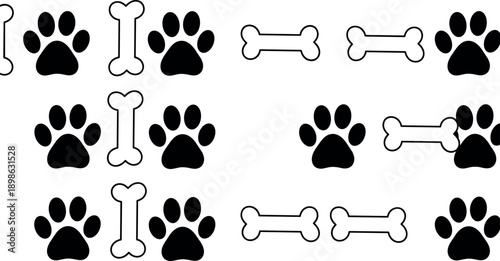 Dog paw print and bone icon pattern set in bold black silhouette style, cute pet symbols for animal care, veterinary branding, packaging and vector design projects